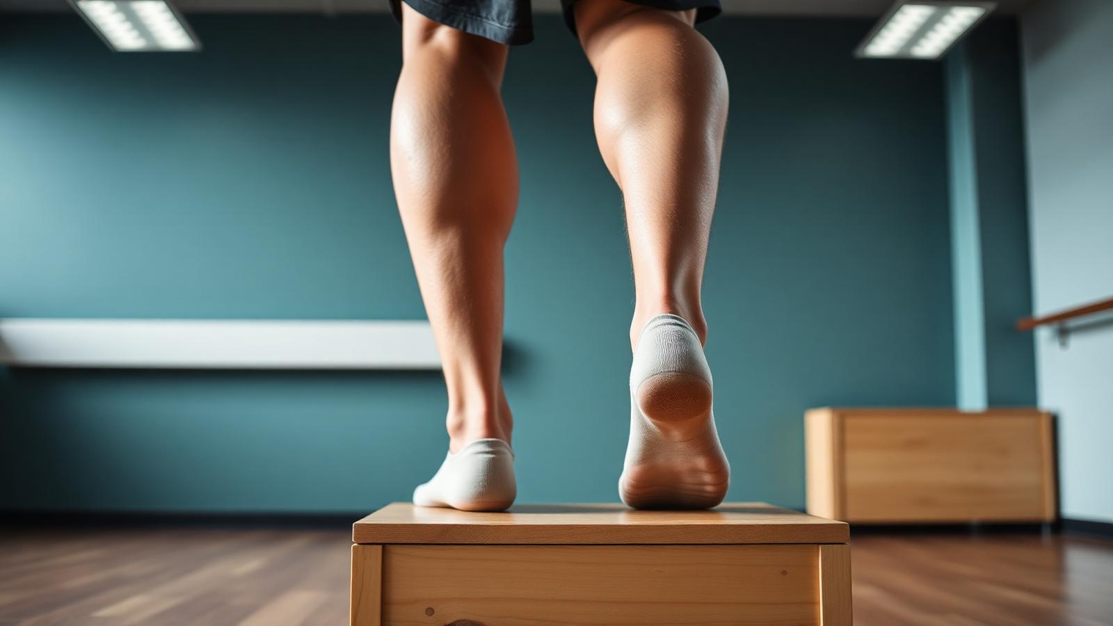 Close view of an athlete's heels doing a slow calf raise on a wooden step